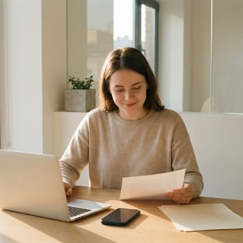 Vrouw achter laptop met papier in haar hand